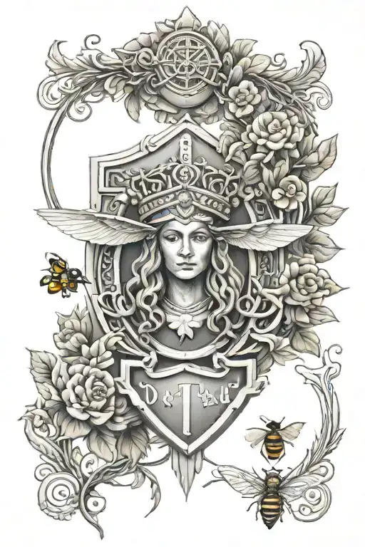 Athena Shield With Medusa Head Surrounded By Olympic Wreath Above A Honey Bee Hive