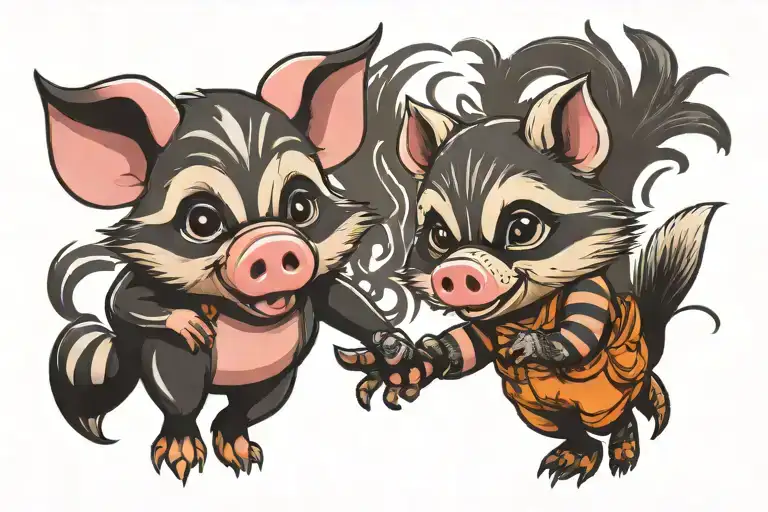 Cartoon Pig And Raccoon Holding Hand