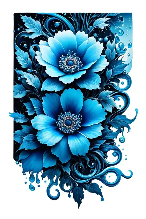 Blue Only Porcelain Tattoo With Big Blue Flowers And Squiggly Water Like Lines In-between Sleeve