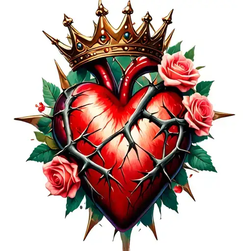 Heart Surrounded By Thorns And Roses With A Crown Adorned