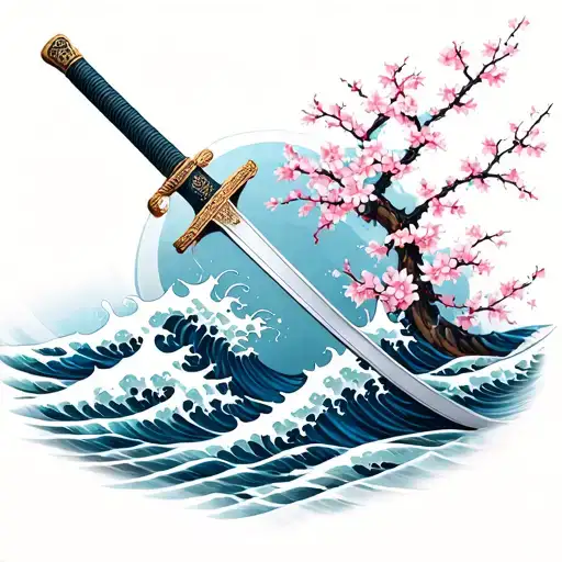 Samurai Sword With Waves And Cherry Blossoms