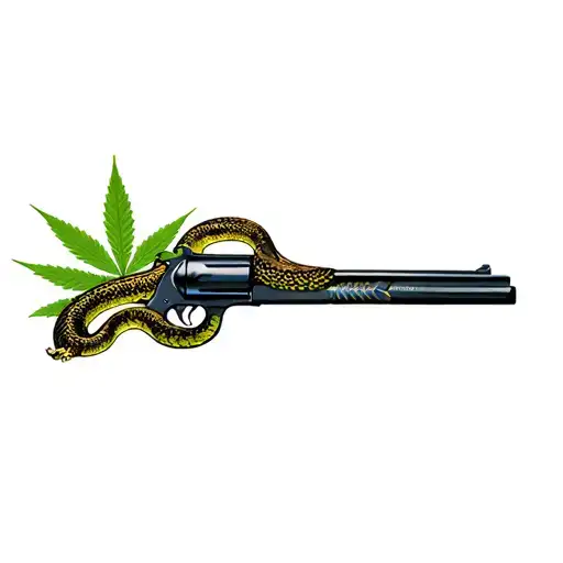 A Gun With A Snake Writhing In The Background Of Marijuana Leaves