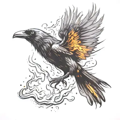 Crow Or Raven Flying Out Of A Fire