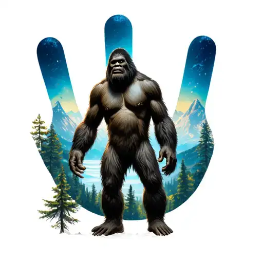 Bigfoot Standing In A Huge Concreate Peace Sign