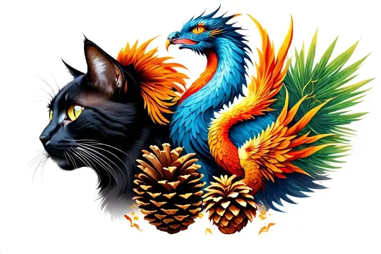 Black Cat And Double-headed Phoenix And Pine Cone And Dragon And Arundo Donax