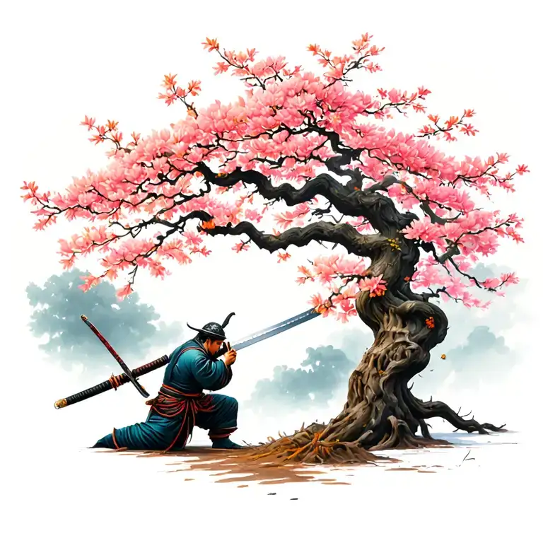 Retiring Samurai Burying Sword At Peach Tree
