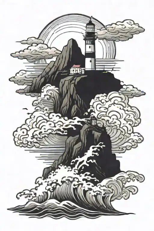 A Mountain On A Stormy Ocean With A Lighthouse