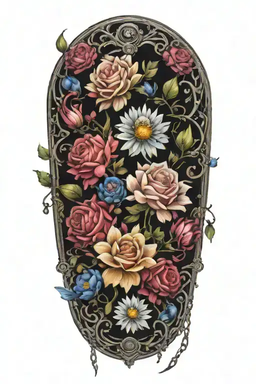 An Intricate Tattoo With A Chain Of Daisys Cosmos Flowers And Roses