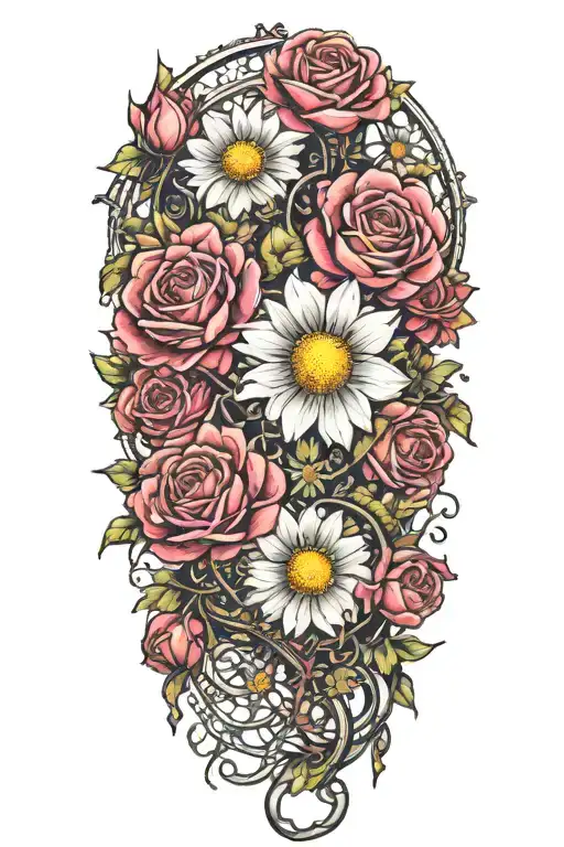 An Intricate Tattoo With A Chain Of Daisys Cosmos Flowers And Roses