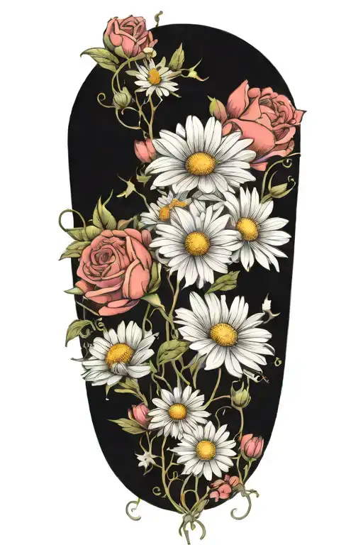 An Intricate Tattoo With A Chain Of Daisys Cosmos Flowers And Roses