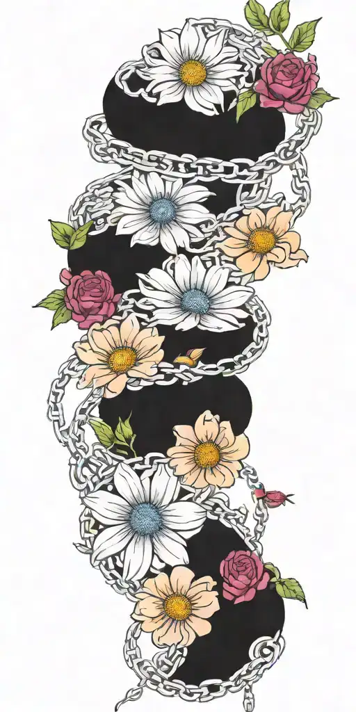 An Intricate Tattoo With A Chain Of Daisys Cosmos Flowers And Roses