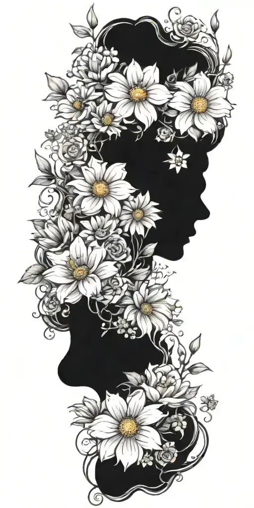 An Intricate Tattoo With A Vine Of Daisys Cosmos Flowers And Roses