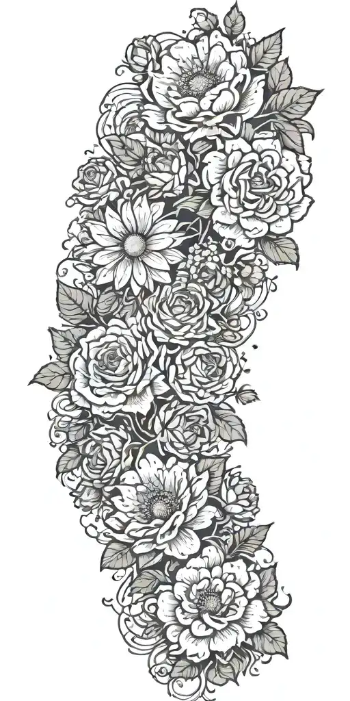 An Intricate Tattoo With A Vine Of Daisys Cosmos Flowers And Roses