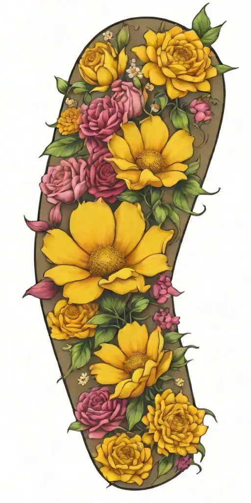 An Intricate Tattoo With A Vine Of Daisys Cosmos Flowers And Roses