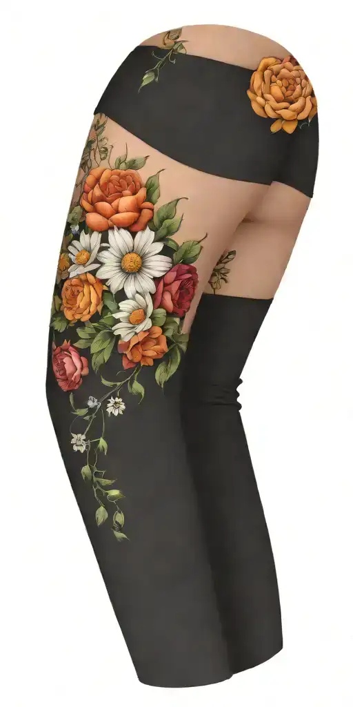 An Intricate Tattoo With A Vine Of Daisys Cosmos Flowers And Roses