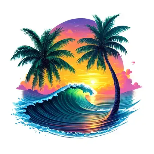 Waves With Palm Trees Colors Sunset