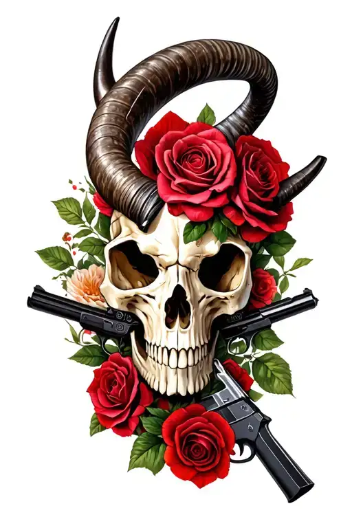Long Horn Skull Tattoo With Roses And Guns