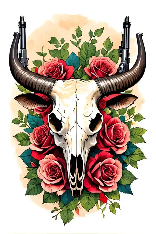 Long Horn Bull Skull Tattoo With Roses And Guns
