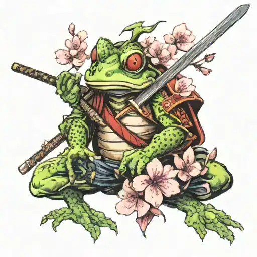 Samurai Frog With Sword And Cherry Blossom Tree