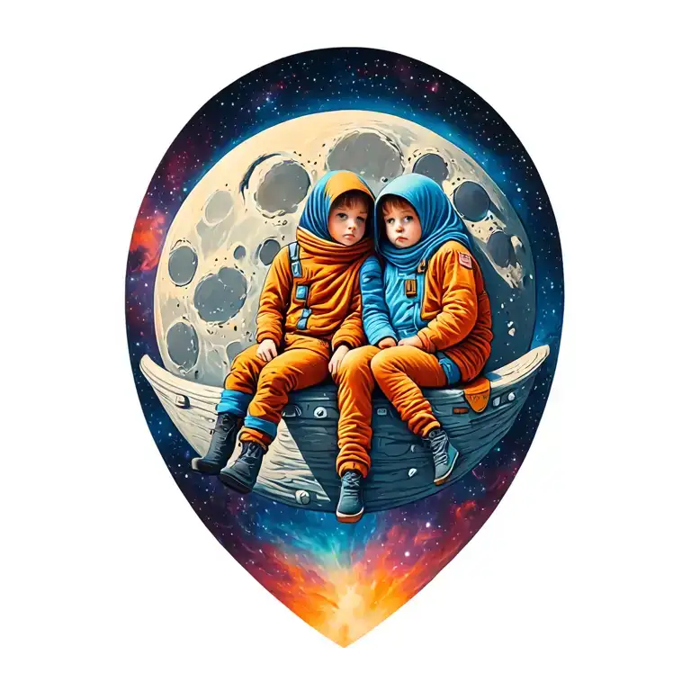 Twins Sitting On The Moon In The Galaxy