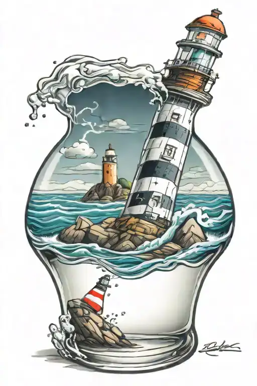 Stormy Lighthouse On The Rocks Inside Glass Bottle