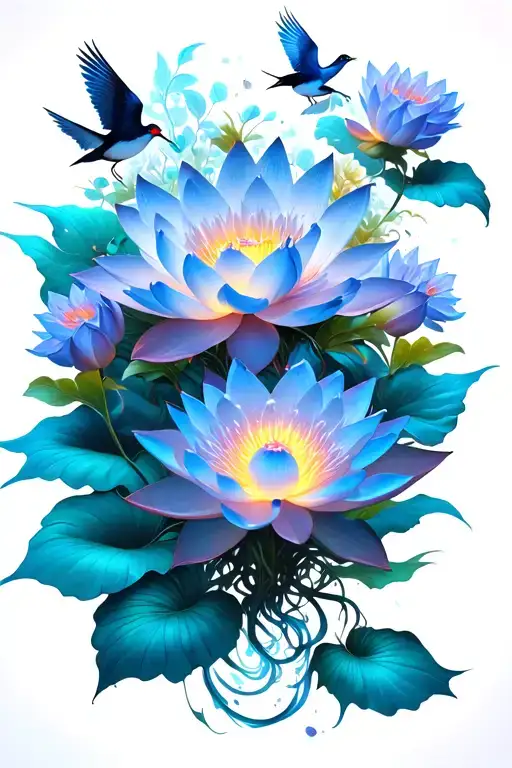 Blue Glowing Lotus Flowers Up The Back With Birds And More Flowers