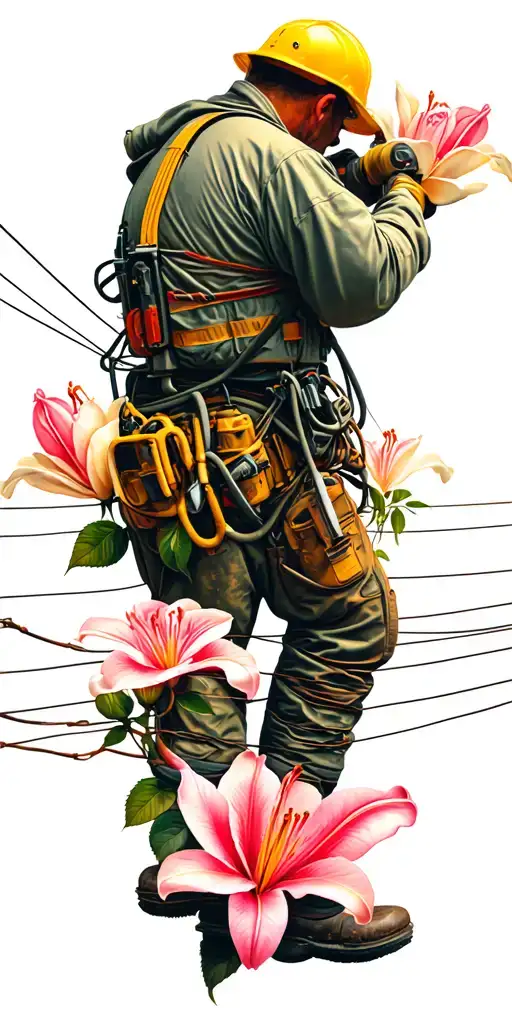 Ibew Lineman Working On Power Lines With Lilys Magnolias And Roses