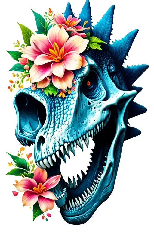 Dinosaur Skull Stegosaurus And Sri Lankan Jasmine Flowers