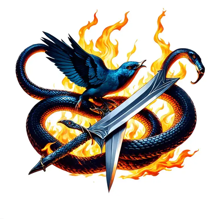 Snake Wrapped Around Sword With Phenoix Bird Rising From Ashes