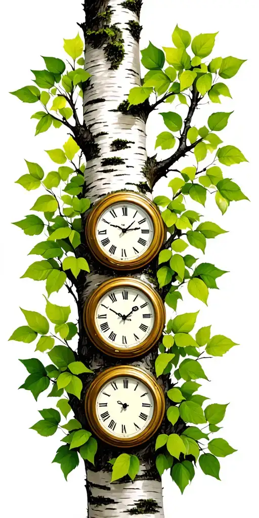 Birch Tree With Green Leaves With Three Clocks On It