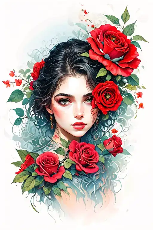 Red Flowers On Her Shoulder And Roses Intertwined