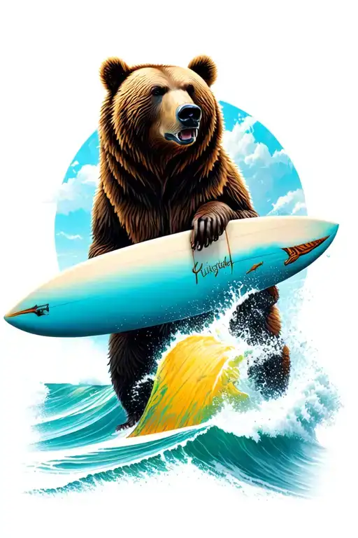 Grizzly Bear With Ocean And A Surfboard