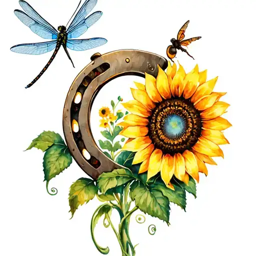 Horseshoe With Sunflower And Dragonfly Watercolor