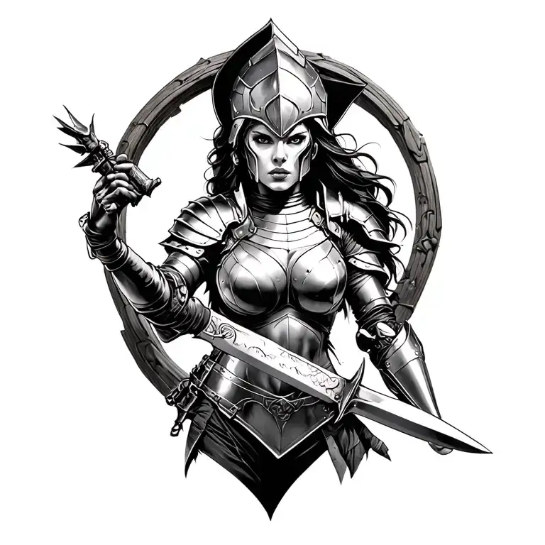 Black And White Spartin Woman In Body Armor Holding Knife
