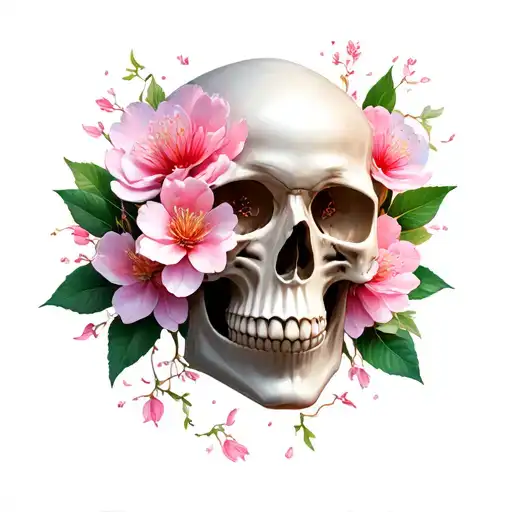 Skull And Flowers Blooming Cherry Blossom