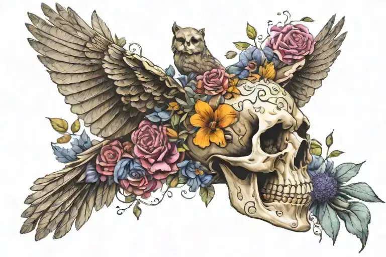 Skull Made Of Flowers Being Held Bay A Flying Owl Flying