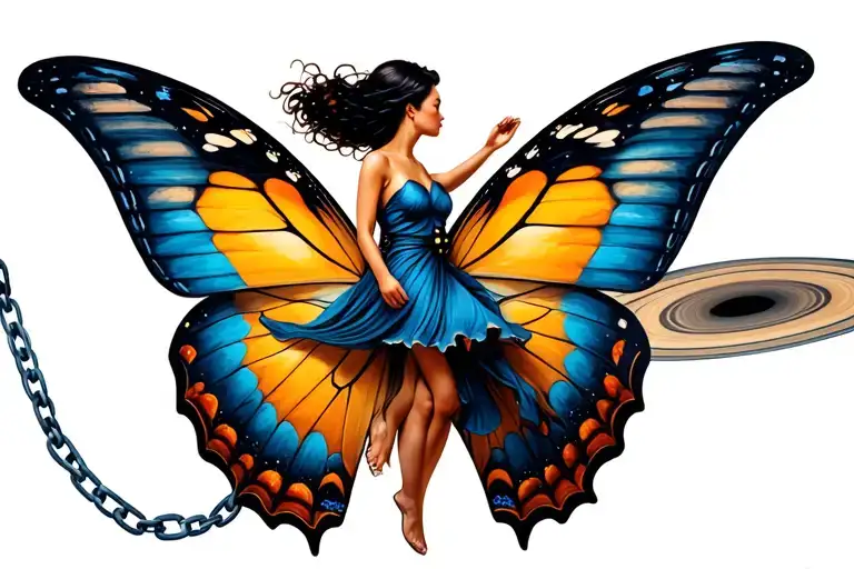 Women Flying On A Butterfly But Trapped By Saturn In Infinity Chains