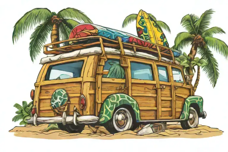 Woody Surf Wagon With Surf Boards On A Tropical Beach