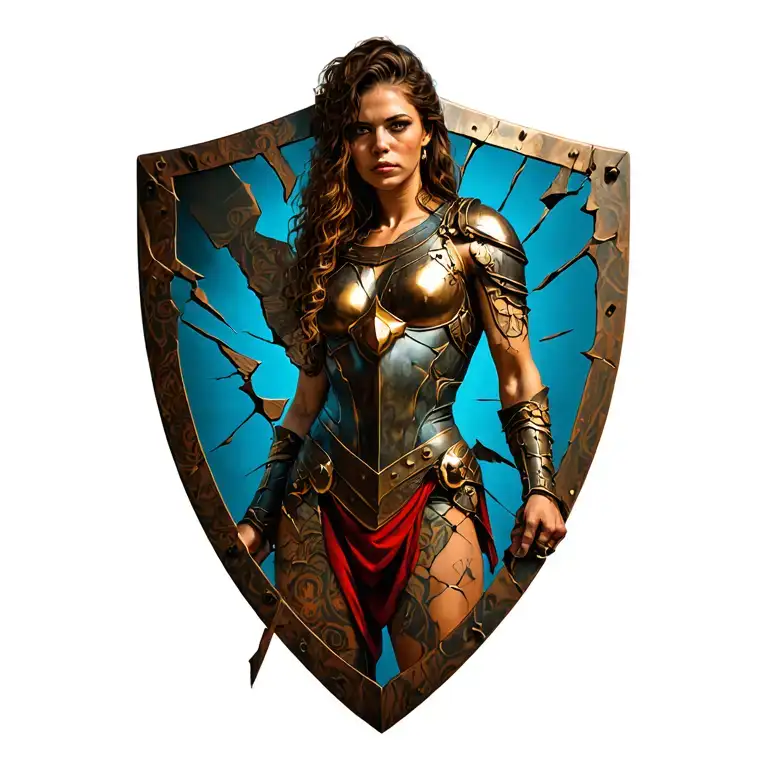 Spartin Lady Standing Behind A Broken Shield