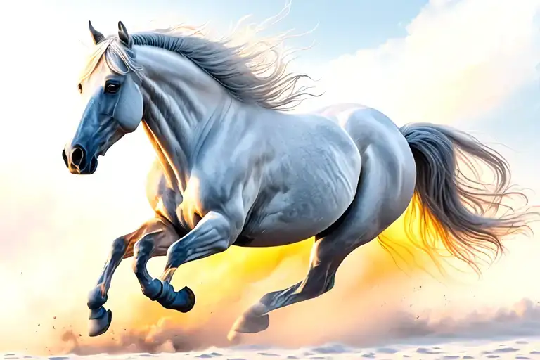 White Arabian Horse Running Freely With A Full Spectrum After Glow