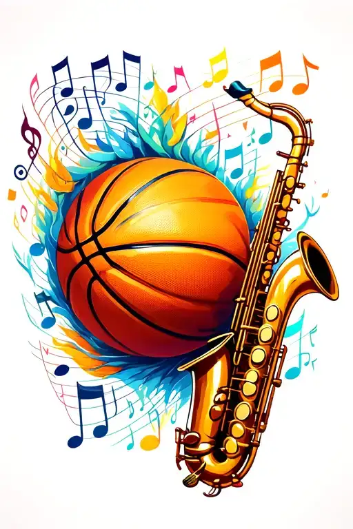 Basketball And Saxophone Surrounded My Music Notes