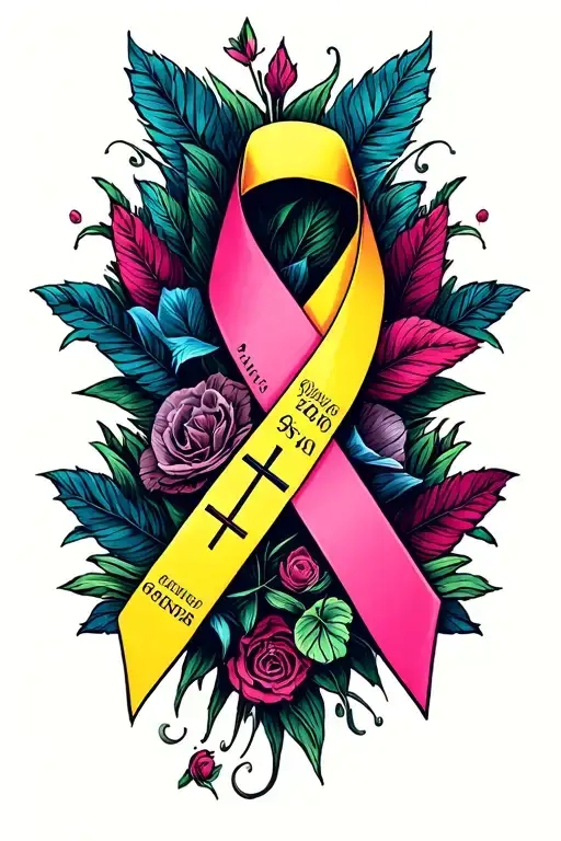 Cancer Ribbon Half Yellow Half Pink And The Yellow Half Has A Cross And A Date