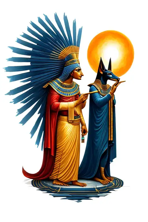 Ra Holding Sun And Anubis Guiding Souls