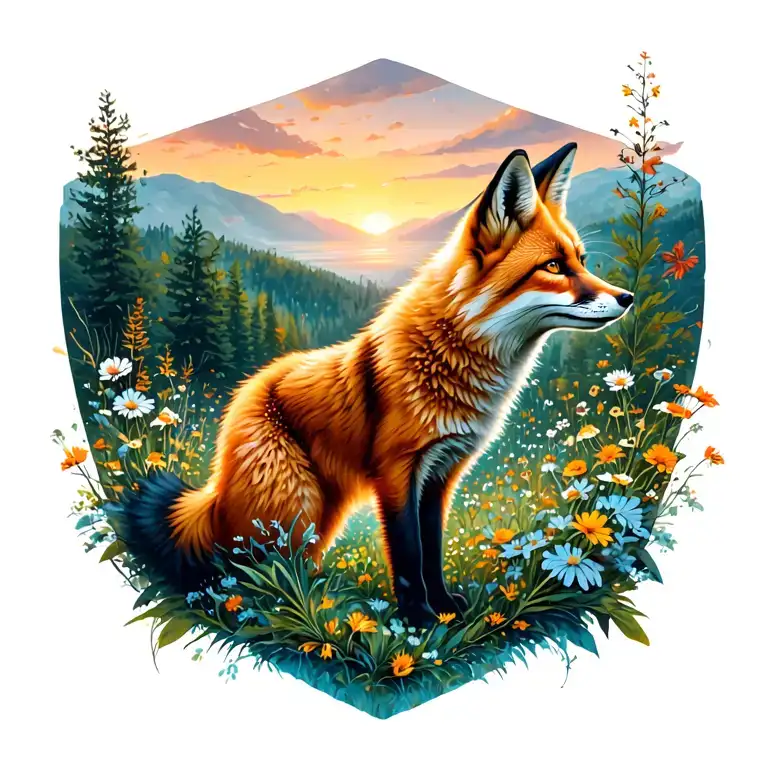 Large Quarter Of Back Tattoo Of Fox In A Summer Scenery