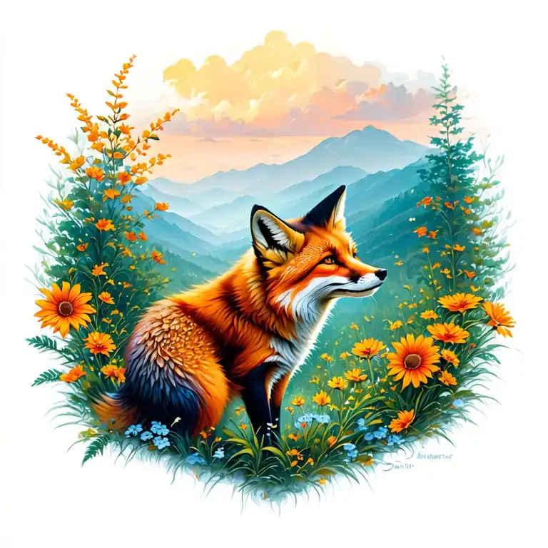Large Quarter Of Back Tattoo Of Fox In A Summer Scenery