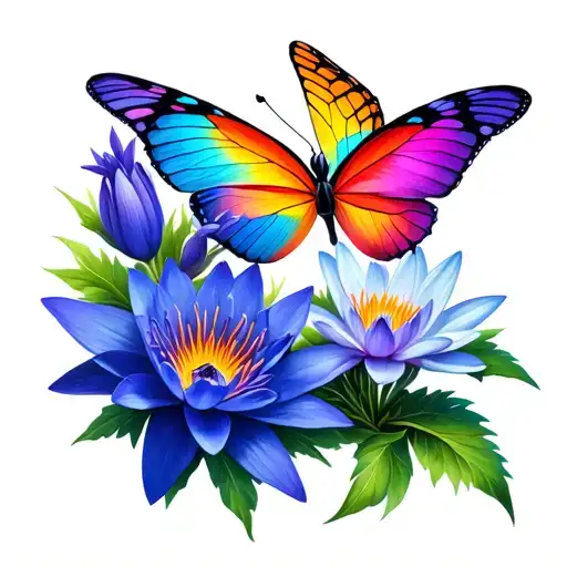 2 Butterflies With Larkspur & Waterlily Blooming