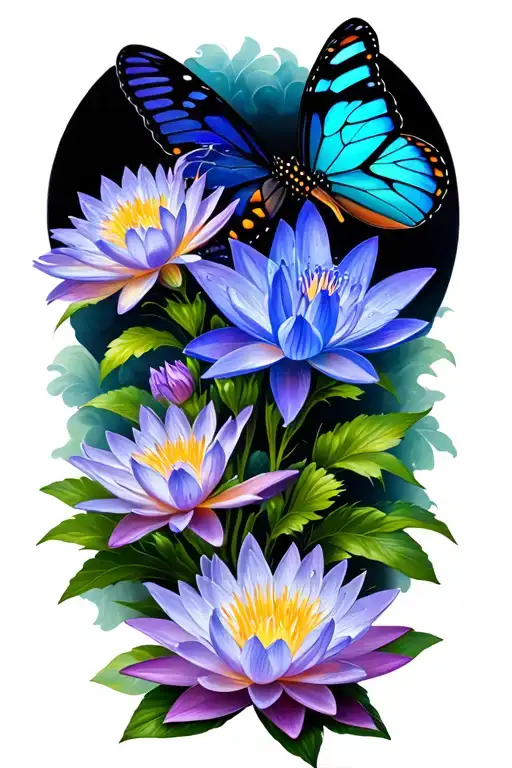 2 Butterflies With Larkspur & Waterlily Blooming