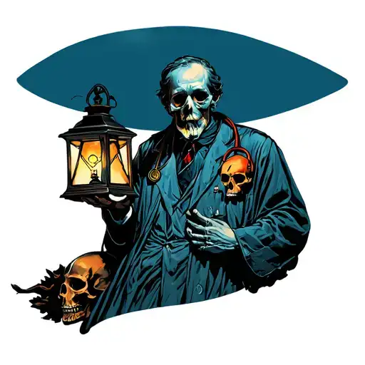 Plaque Doctor Holding A Lantern With Skulls Surrounded