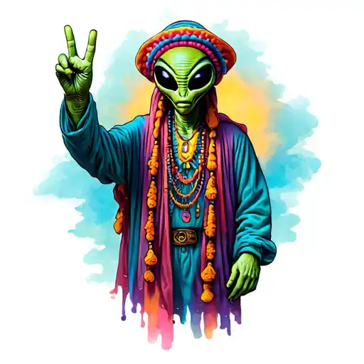 Alien Dressed As A Hippie Throwing A Peace Sign