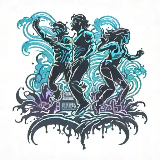 A Tattoo Of A Rave Scene With Silhouettes Of People Dancing And Music Waves In The Background